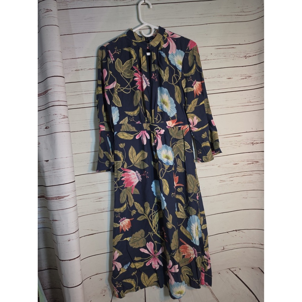 Ann Taylor Womens Size 4 Navy Floral Bell Sleeve Midi Dress Cottagecore Boho